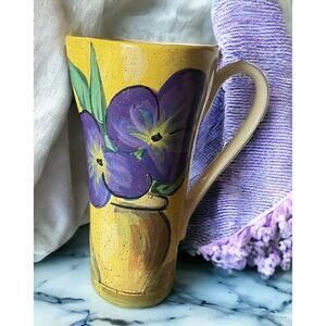 Bara Medium 14 Inch Italy Pottery Hand Painted Purple Pansy Yellow Pitcher Vase
